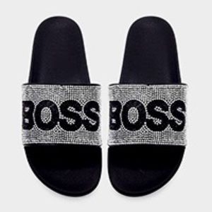 BOSS Silver Black Rhinestone Slide Sandal Slipper